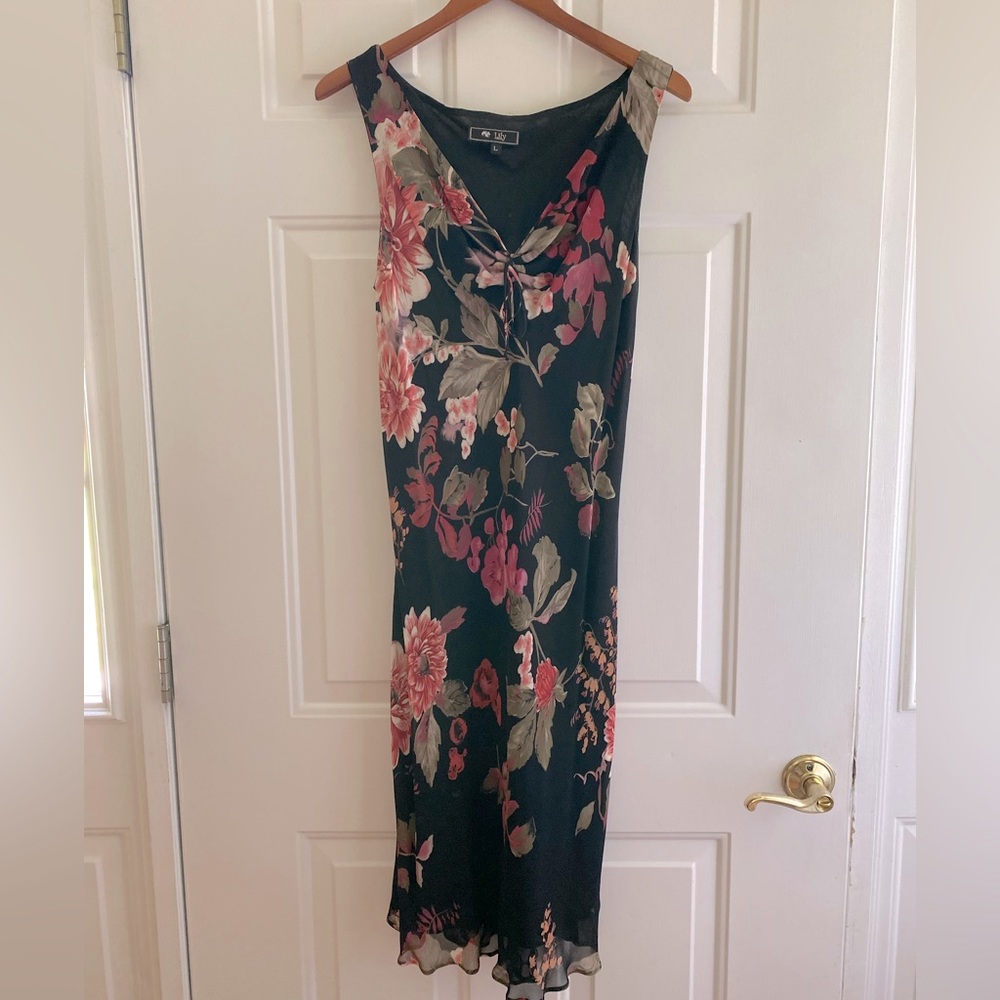 Lily Midi floral black and rose dress EUC Sz L